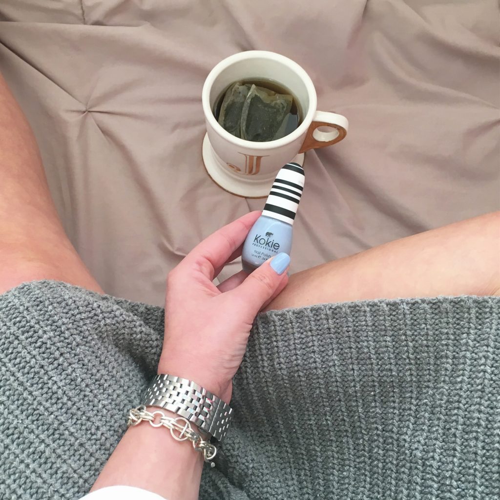 Cozy Sweater, Kookie Nail polish, Anthropologie holiday mug