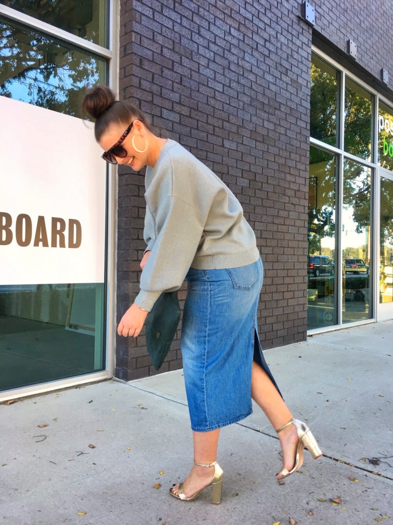 Denim skirt and sweater outfit best sale