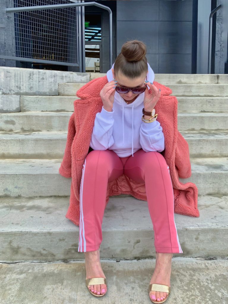 STREET STYLE: ADIDAS ORIGINALS TRACK PANTS and TEDDY BEAR COAT @julia.marie.b