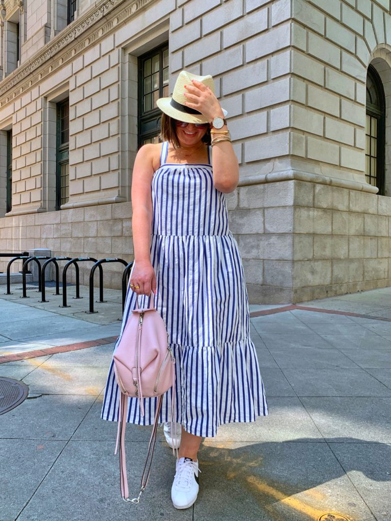 SUMMER CASUAL OUTFIT: HOW TO MAKE A TIERED DRESS STREET STYLE. MORE DETAILS HERE: http://www.juliamarieb.com/2019/06/04/summer-outfit-stripe-tier-dress/   @julia.marie.b