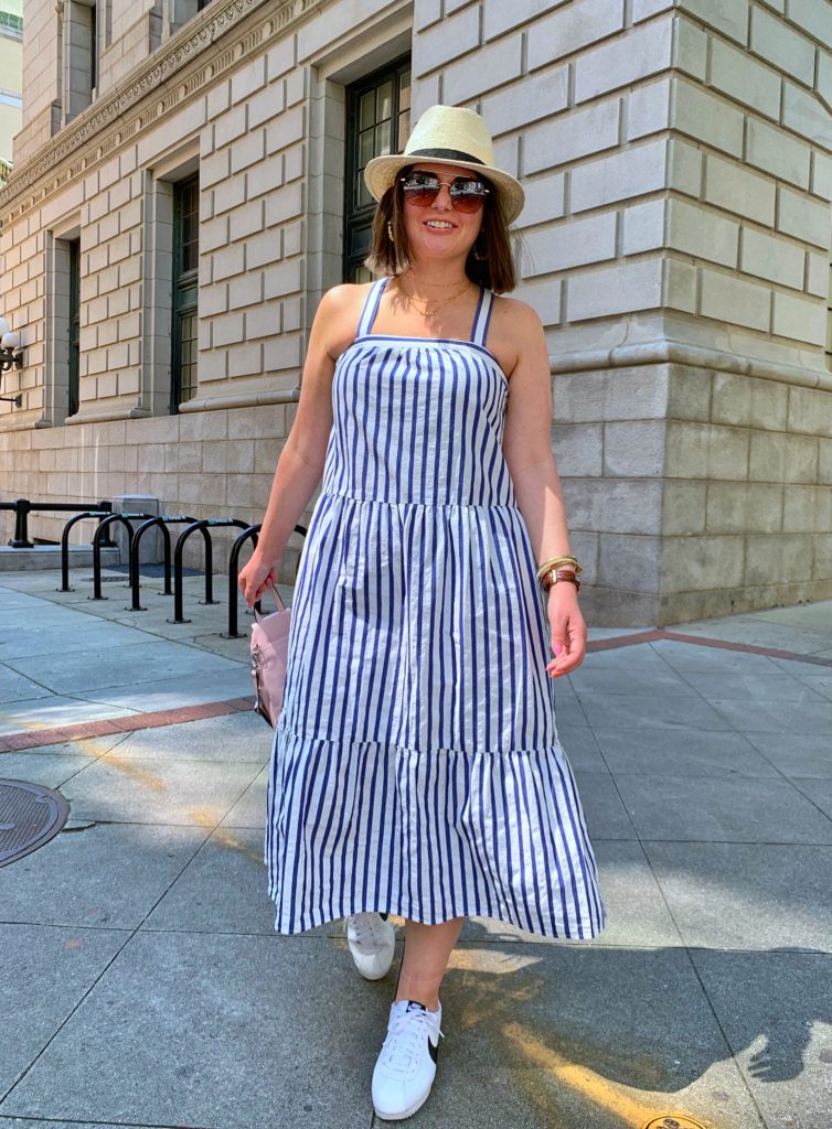 SUMMER CASUAL OUTFIT: HOW TO MAKE A TIERED DRESS STREET STYLE. MORE DETAILS HERE: http://www.juliamarieb.com/2019/06/04/summer-outfit-stripe-tier-dress/   @julia.marie.b