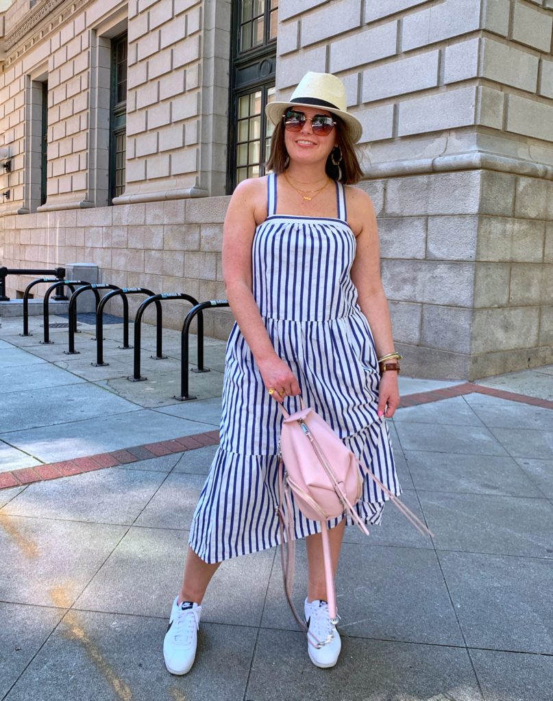 SUMMER CASUAL OUTFIT: HOW TO MAKE A TIERED DRESS STREET STYLE. MORE DETAILS HERE: http://www.juliamarieb.com/2019/06/04/summer-outfit-stripe-tier-dress/   @julia.marie.b